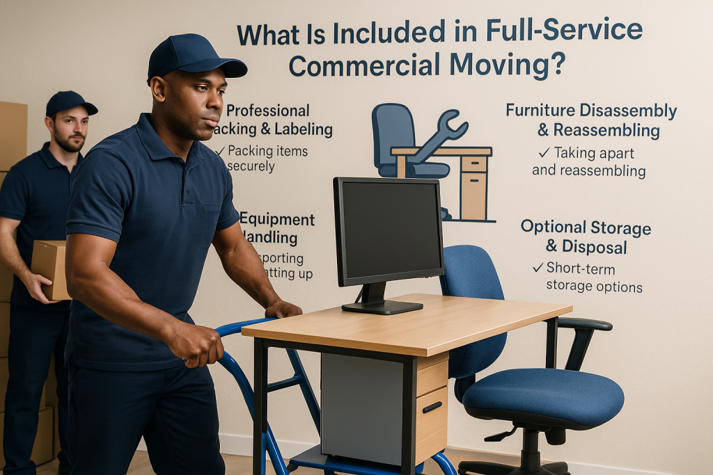 What is included in full-service moving? – Bronx 2 Infographic style checklist showing what is included in full service commercial moving for Bronx offices, including packing, furniture handling, IT care and storage.