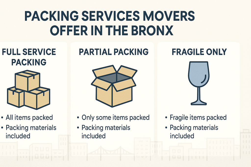 Do moving companies pack your stuff in the Bronx NY? 2 Infographic explaining full service, partial, and fragile only packing options offered by movers in the Bronx.
