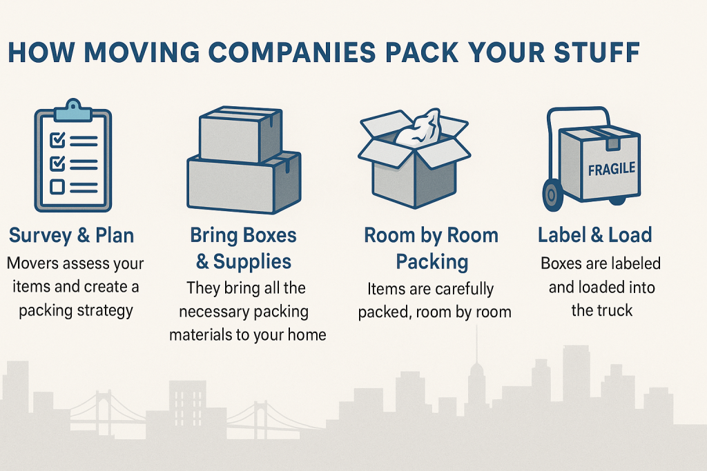 What does it cost to have movers pack in the Bronx NY? 2 Infographic showing the step by step process movers use to pack your belongings in the Bronx.