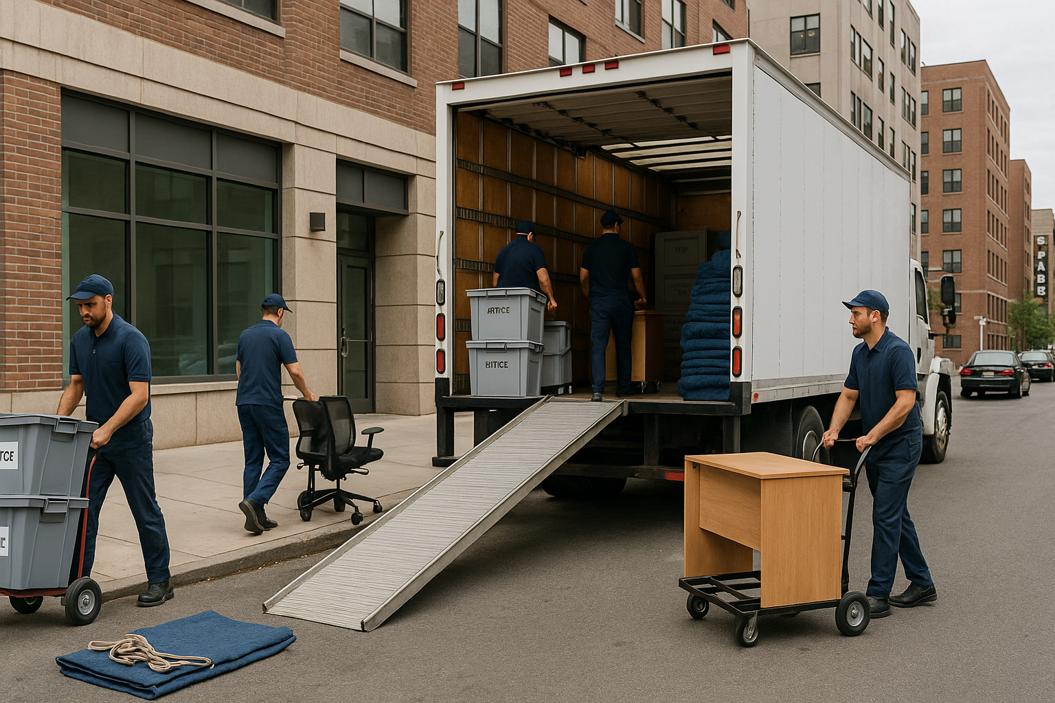 Professional commercial movers loading labeled office furniture and crates into a box truck outside a Bronx office building, illustrating business moving costs.