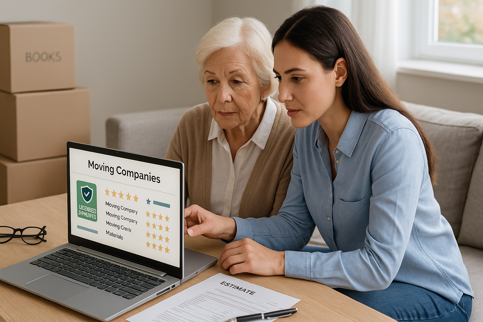 Adult child and senior parent comparing licensed senior moving companies on a laptop with printed estimates on a table.