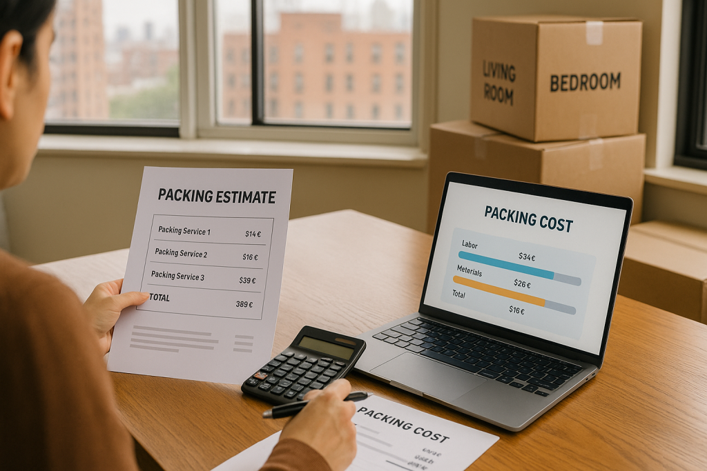 Infographic comparing estimated packing costs for studio, one bedroom, and two bedroom Bronx apartments.